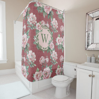 Rideaux De Douche Aquarelle de pivoine rose monogramme rouge rouillé