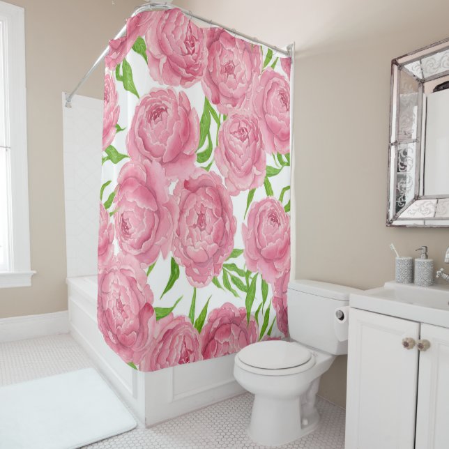 Rideaux De Douche Aquarelle de pivoines roses (En situation)