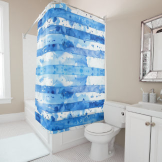 Rideaux De Douche Aquarelle Décor de plage bleu et blanc rayé