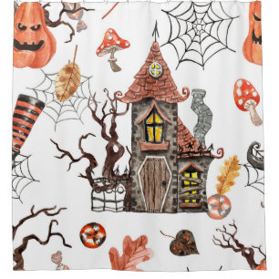 Rideaux De Douche Aquarelle d'Halloween : Haunted House Motif.