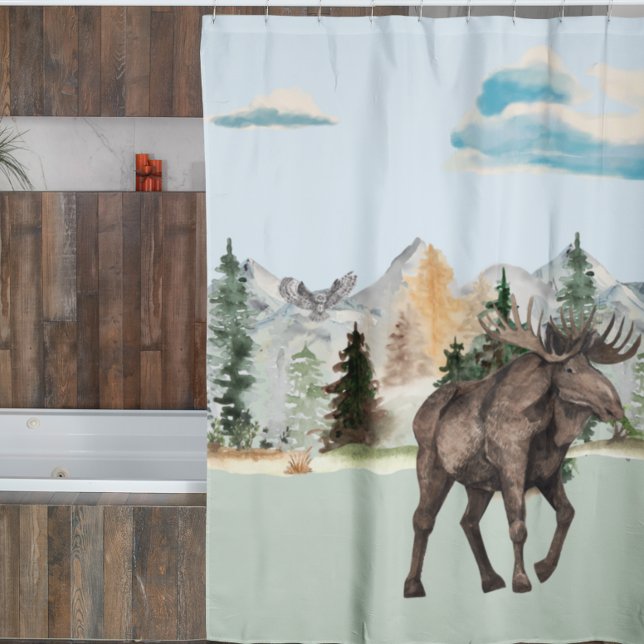 Rideaux De Douche Aquarelle d'orignal Bois Forêt animale Cabine (Créateur téléchargé)