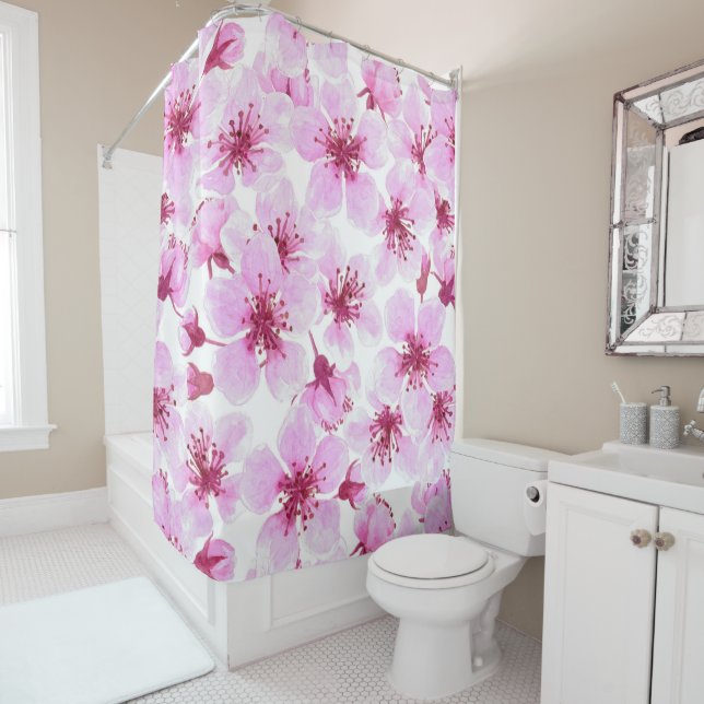 Rideaux De Douche Aquarelle en fleurs de cerisier (En situation)