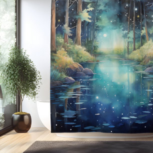 Rideaux De Douche Aquarelle Enchanted Forest Lake