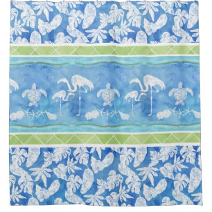 Rideaux De Douche Aquarelle Feuille tropicale Flamant rose Tortue de