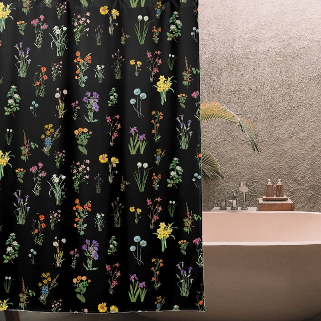 Rideaux De Douche Aquarelle fleur sauvage Floral botanique noir (Wildflower Watercolor Black Botanical Floral Shower Curtain)