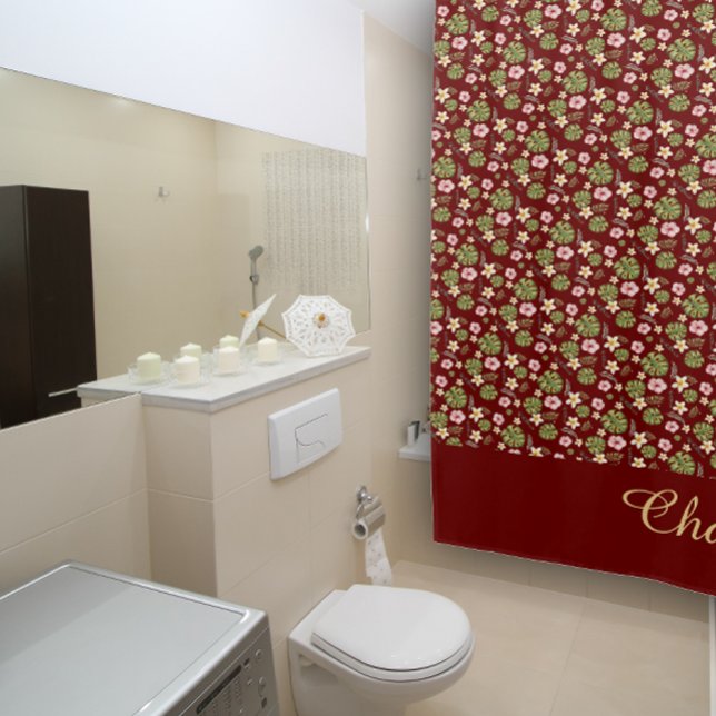 Rideaux De Douche Aquarelle fleurie bordeaux jaune élégant nom (Créateur téléchargé)