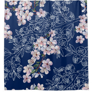 Rideaux De Douche Aquarelle fleurs de branche cerise avec branche gr