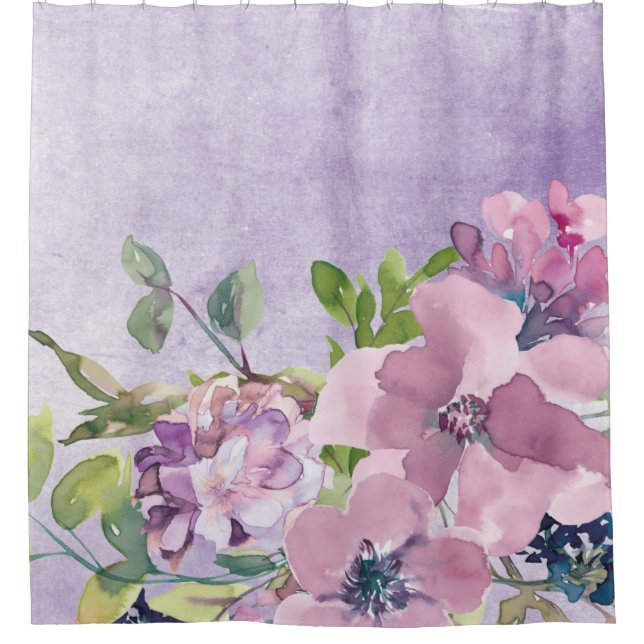 Rideaux De Douche Aquarelle Fleurs violettes et mauves (Devant)