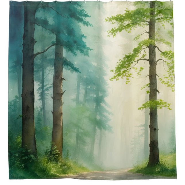 Rideaux De Douche Aquarelle Forêt Arbres Bois Bois (Devant)