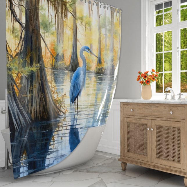 Rideaux De Douche Aquarelle Grand Héron Bleu Cypress Marécage (Créateur téléchargé)