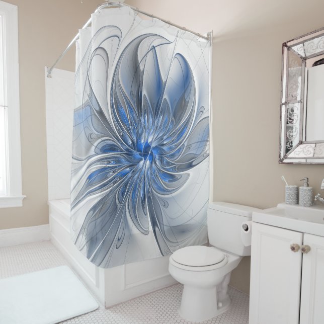Rideaux De Douche Aquarelle gris bleu Abstrait Fractal Art Flower (En situation)