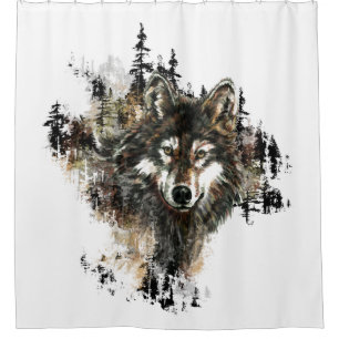 Rideaux De Douche Aquarelle Gris Loup Montagne Art animal