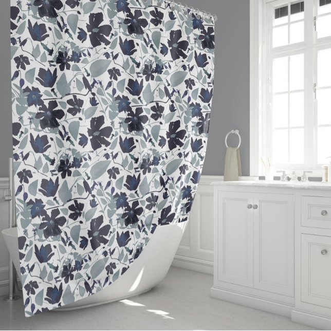 Rideaux De Douche Aquarelle gris marine Clematis motif floral (Clematis Navy Gray Watercolor Floral Pattern Shower Curtain from Studio Posies.)