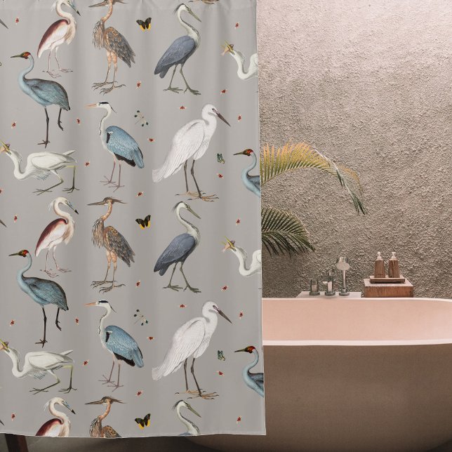 Rideaux De Douche Aquarelle Heron Bird Egret Nature Motif (Watercolor Heron Bird Egret Nature Pattern Shower Curtain)