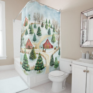Rideaux De Douche Aquarelle Hiver Paysage rustique avec Fir Trees