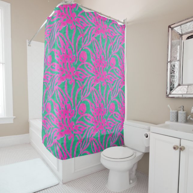 Rideaux De Douche Aquarelle Hot rose Aqua Oversize Damask Inspiré (En situation)