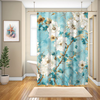 Rideaux De Douche Aquarelle japonaise en fleurs de cerisier, bleu