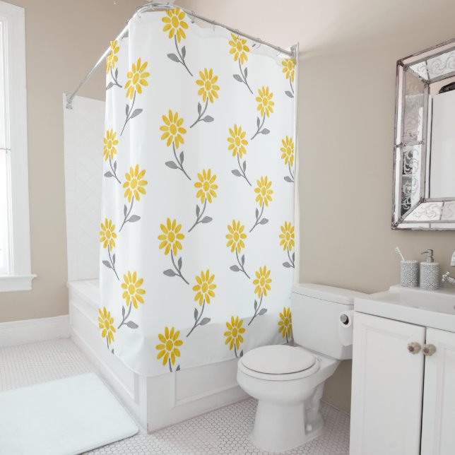 Rideaux De Douche Aquarelle jaune et gris Motif marguerite (En situation)