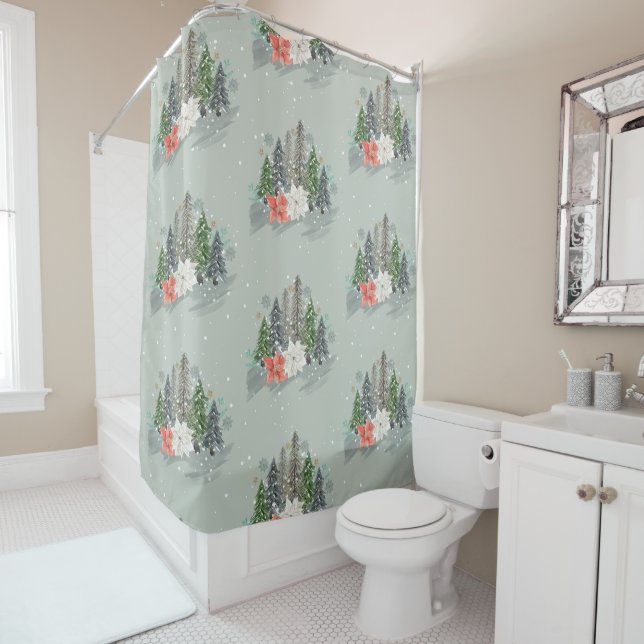 Rideaux De Douche Aquarelle Joli Noël Arbres Neige Flakes (En situation)