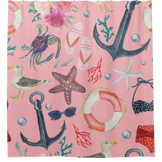 Rideaux De Douche Aquarelle marine Ancre Motif de poisson étoilé (Devant)