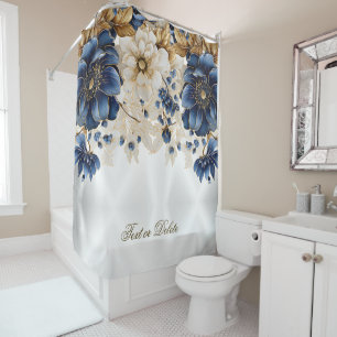 Rideaux De Douche Aquarelle Marine Bleu Blanc Or Floral Argent