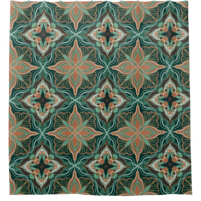 Rideaux De Douche Aquarelle Marocaine Turquoise Carrelage Floral (Devant)