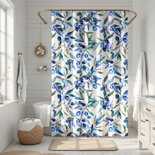 Rideaux De Douche Aquarelle méditerranéenne Branches d'olive bleu