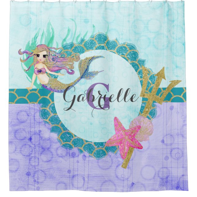 Rideaux De Douche Aquarelle mignonne sirène Turquoise et violet (Devant)