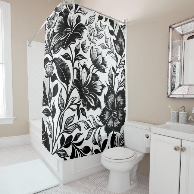 Rideaux De Douche Aquarelle moderne noir blanc pays floral (En situation)