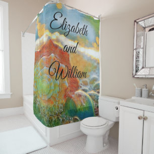 Rideaux De Douche Aquarelle moderne orange et coquillage vert