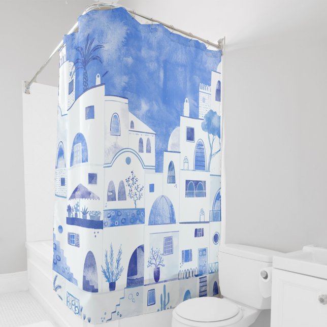 Rideaux De Douche Aquarelle moderne Santorin Grèce île (Santorini blue and white watercolor painting on a shower curtain)