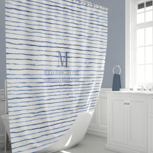 Rideaux De Douche Aquarelle Monogramme Bleu Bleu Blanc Décor Plage