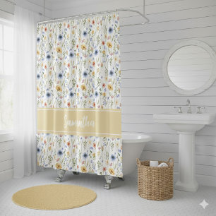 Rideaux De Douche Aquarelle Monogramme Fleur Sauvage Bleu Jaune Rose