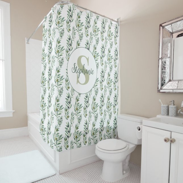 Rideaux De Douche Aquarelle Monogramme Nom Motif Branches d'Olivier (En situation)