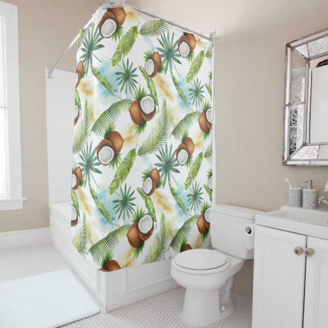 Rideaux De Douche Aquarelle Motif de noix de coco tropicale (En situation)