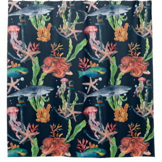 Rideaux De Douche Aquarelle motif transparent avec requin et laminai