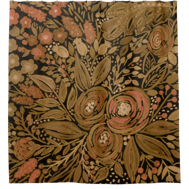 Rideaux De Douche aquarelle, noir brun floral, noir motif (Devant)