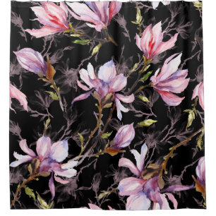 Rideaux De Douche Aquarelle noire Arrière - plan rose Magnolia