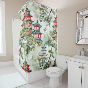 Rideaux De Douche Aquarelle Pagode asiatique dans paysage verdoyant