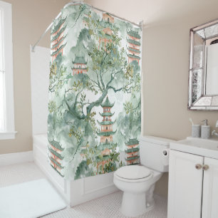 Rideaux De Douche Aquarelle Pagode asiatique dans paysage verdoyant