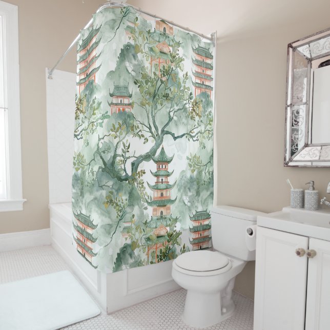 Rideaux De Douche Aquarelle Pagode asiatique dans paysage verdoyant  (En situation)