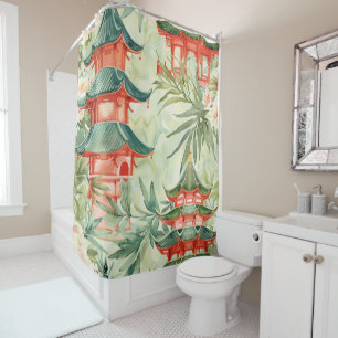 Rideaux De Douche Aquarelle Pagode asiatique dans paysage verdoyant