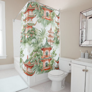 Rideaux De Douche Aquarelle Pagode asiatique dans paysage verdoyant