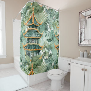 Rideaux De Douche Aquarelle Pagode asiatique dans paysage verdoyant