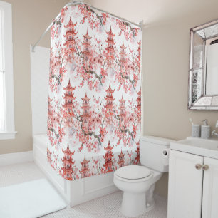 Rideaux De Douche Aquarelle Pagode chinoise avec fleurs de cerisiers