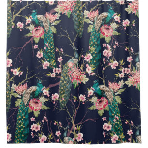 Rideaux De Douche aquarelle paon motif sur une cerise d'arbre, fleur