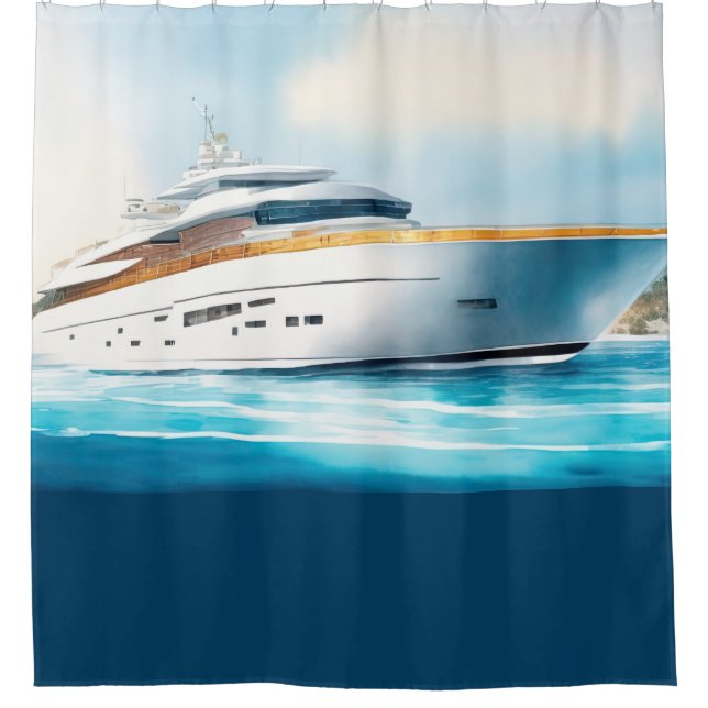 Rideaux De Douche Aquarelle Peint Yacht sur l'eau bleue (Devant)