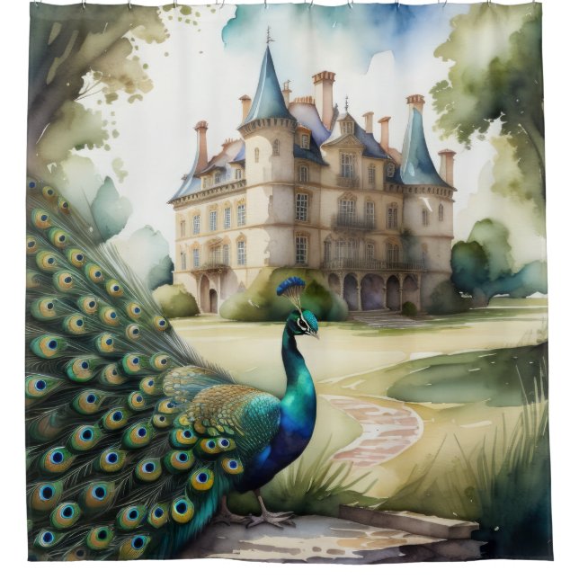 Rideaux De Douche Aquarelle Peinture de Peacock et Château (Devant)
