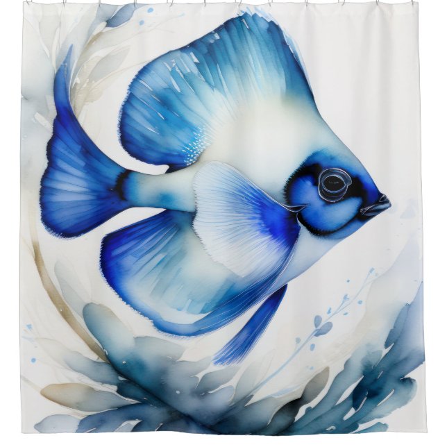Rideaux De Douche Aquarelle Peinture de poisson bleu (Devant)