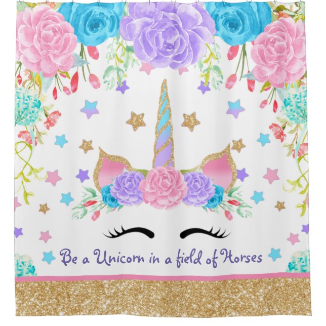 Rideaux De Douche Aquarelle personnalisée Floral Unicorn (Devant)